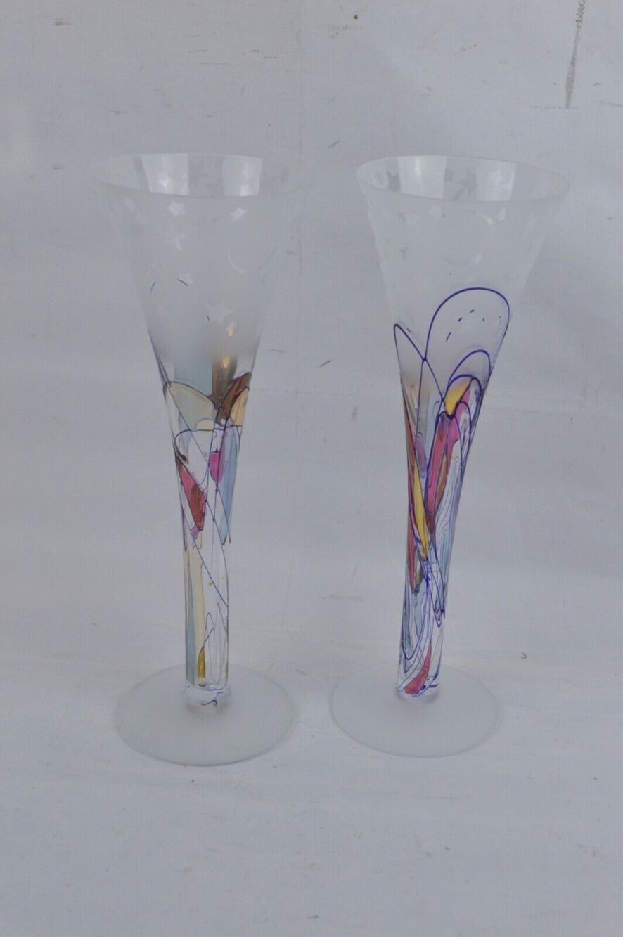 Milano Romania Hand Painted Mosaic Champagne Flutes Set 2 Stained Glass 10"